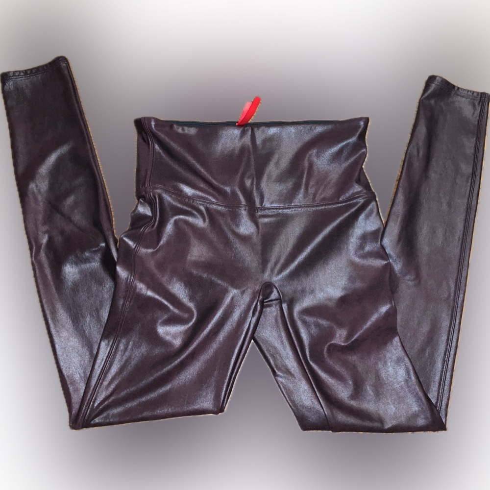 Spanx Women's Stretch Brown Faux Leather Leggings Tummy Control Slimming - Picture 9 of 11